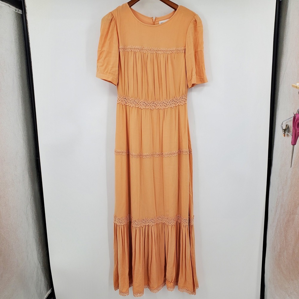 Gibson Latimer Peach Crochet Lace Tiered Maxi Dress NWT S Cottage Prairie Boho